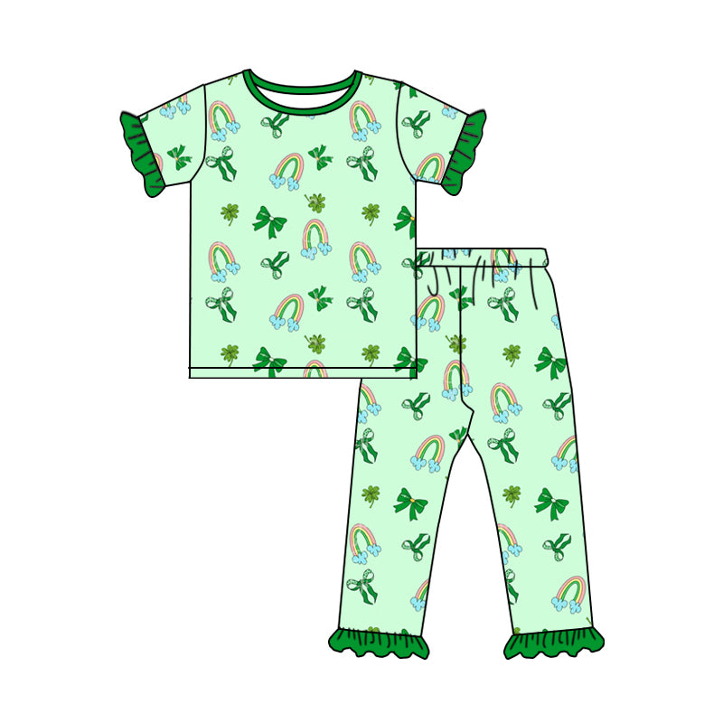 Preorder (moq 5)Baby Girls Clovers Rainbows Top Ruffle Pants St Patrick Pajamas Set