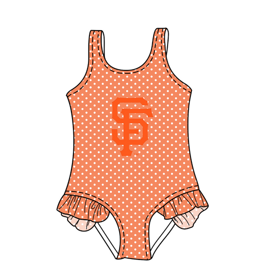 Preorder moq 5 Baby Girls Sleeveless Orange Polka Dots SF Team Swimsuits