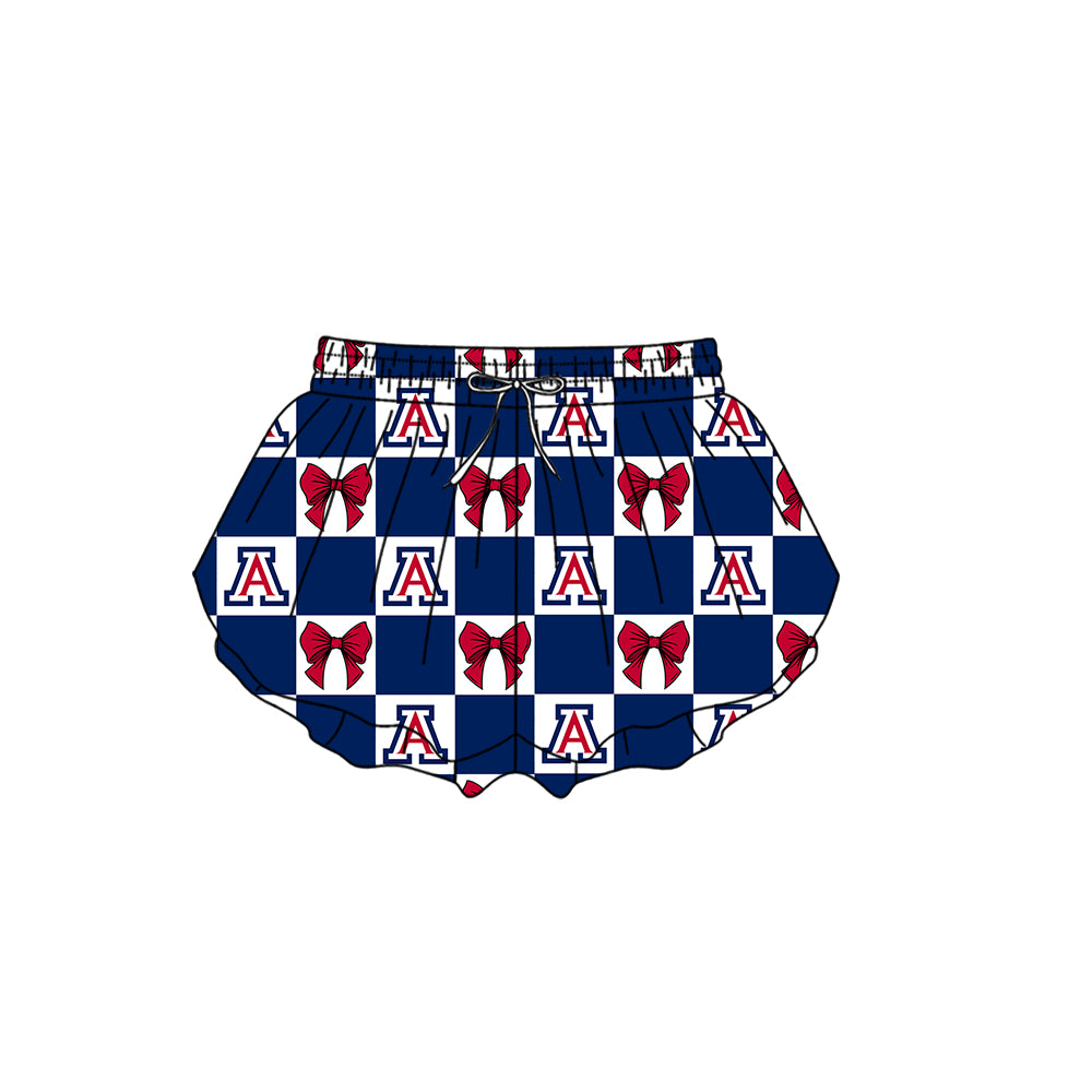 Preorder (moq 5)Baby Girls Red A Bows Checked Team Ruffle Shorts Bottom