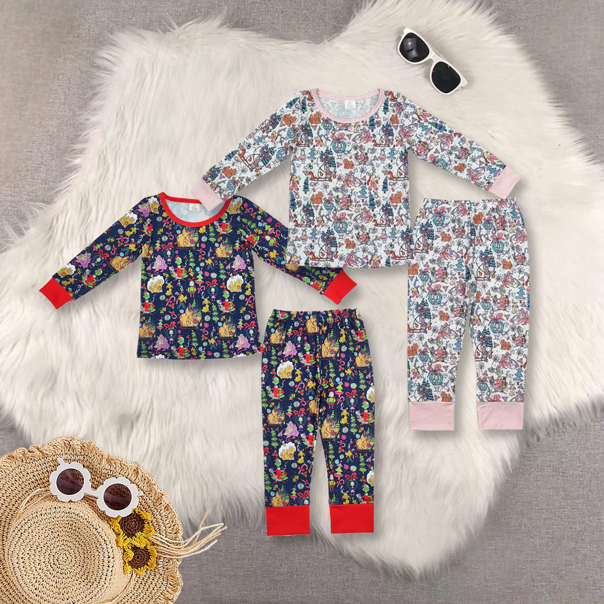 Sibling Baby Girls Christmas Green Face Bamboo Pajamas Clothes Sets