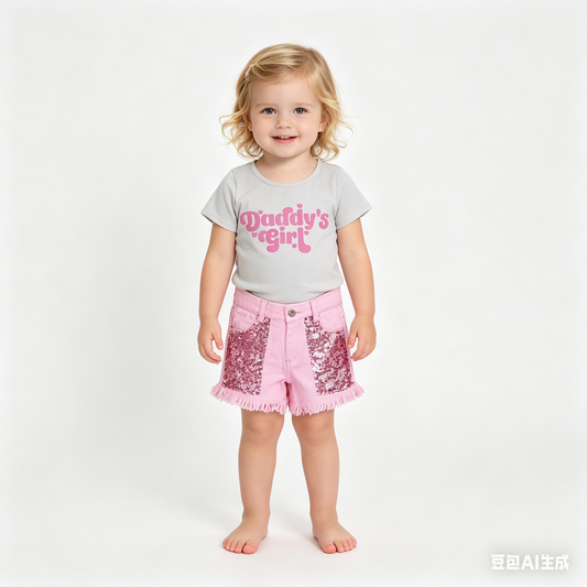 Baby Girls Daddy's Girl Shirt Top Sequin Denim Shorts Clothes Sets