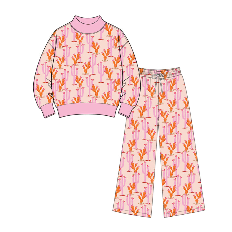 Preorder (moq5) Girls’ Pink Cactus Print Corduroy 2-Piece Set, Mock Neck Long-Sleeve Top with Wide-Leg Pants, Fall Outfit
