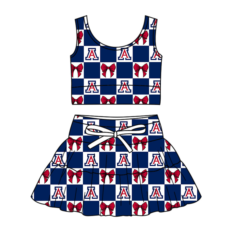 Preorder (moq 5)Baby Girls Red A Bows Checked Vest Top Skirt Short Team Clothes Sets