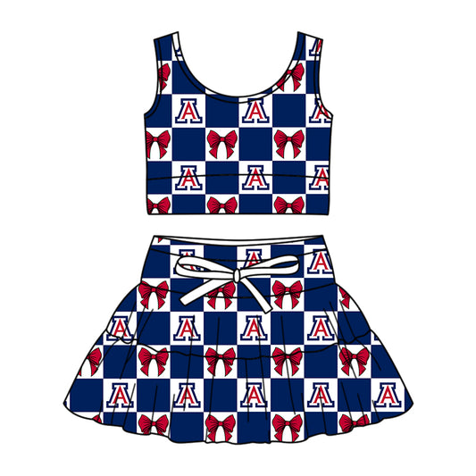 Preorder (moq 5)Baby Girls Red A Bows Checked Vest Top Skirt Short Team Clothes Sets