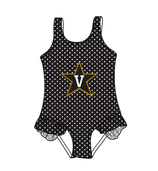 Preorder moq 5 Baby Girls Sleeveless Black Polka Dots Stars V Team Swimsuits