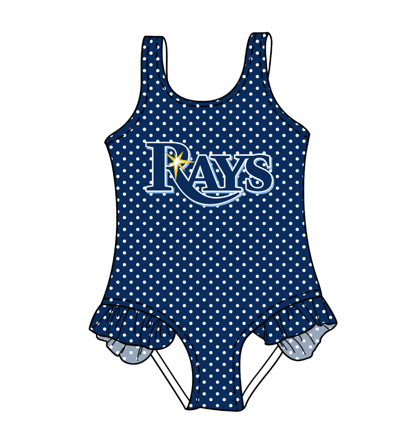 Preorder moq 5 Baby Girls Sleeveless Navvy Polka Dots Rays Team Swimsuits