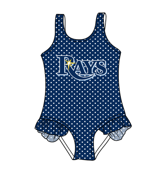 Preorder moq 5 Baby Girls Sleeveless Navvy Polka Dots Rays Team Swimsuits