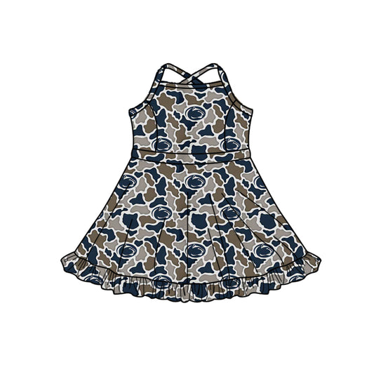 Preorder (moq 5)Baby Girls Strap Southern Navy Camo Leopard Team Ruffle Knee Length Dresses