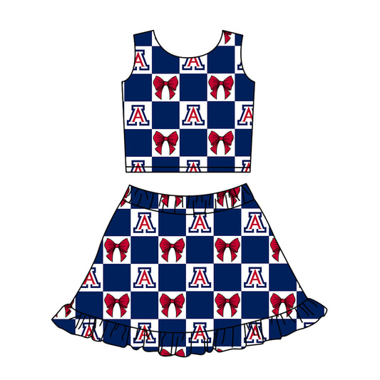 Preorder (moq 5)Baby Girls Red A Bows Checked Vest Ruffle Skirt Short Team Clothes Sets