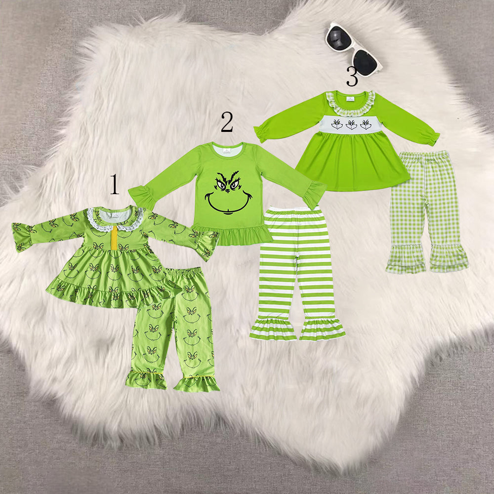 Sibling Baby Girls Christmas Green Face Tunic Ruffle Pants Outfits Sets