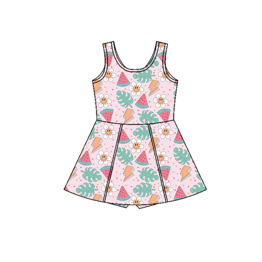 Preorder (moq 5)Baby Girls Sleeveless Smile Flowers Watermelons Shorts Knee Length Dress