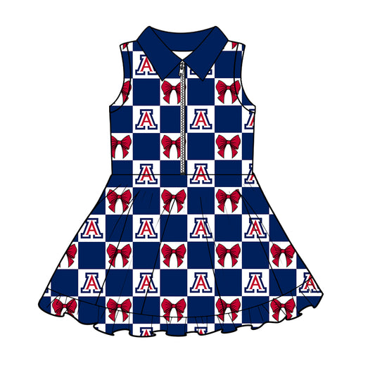 Preorder (moq 5)Baby Girls Red A Bows Checked Zipper Short Team Knee Length Dresses