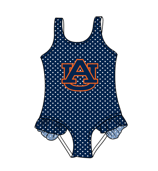 Preorder moq 5 Baby Girls Sleeveless Navy Polka Dots AU Team Swimsuits