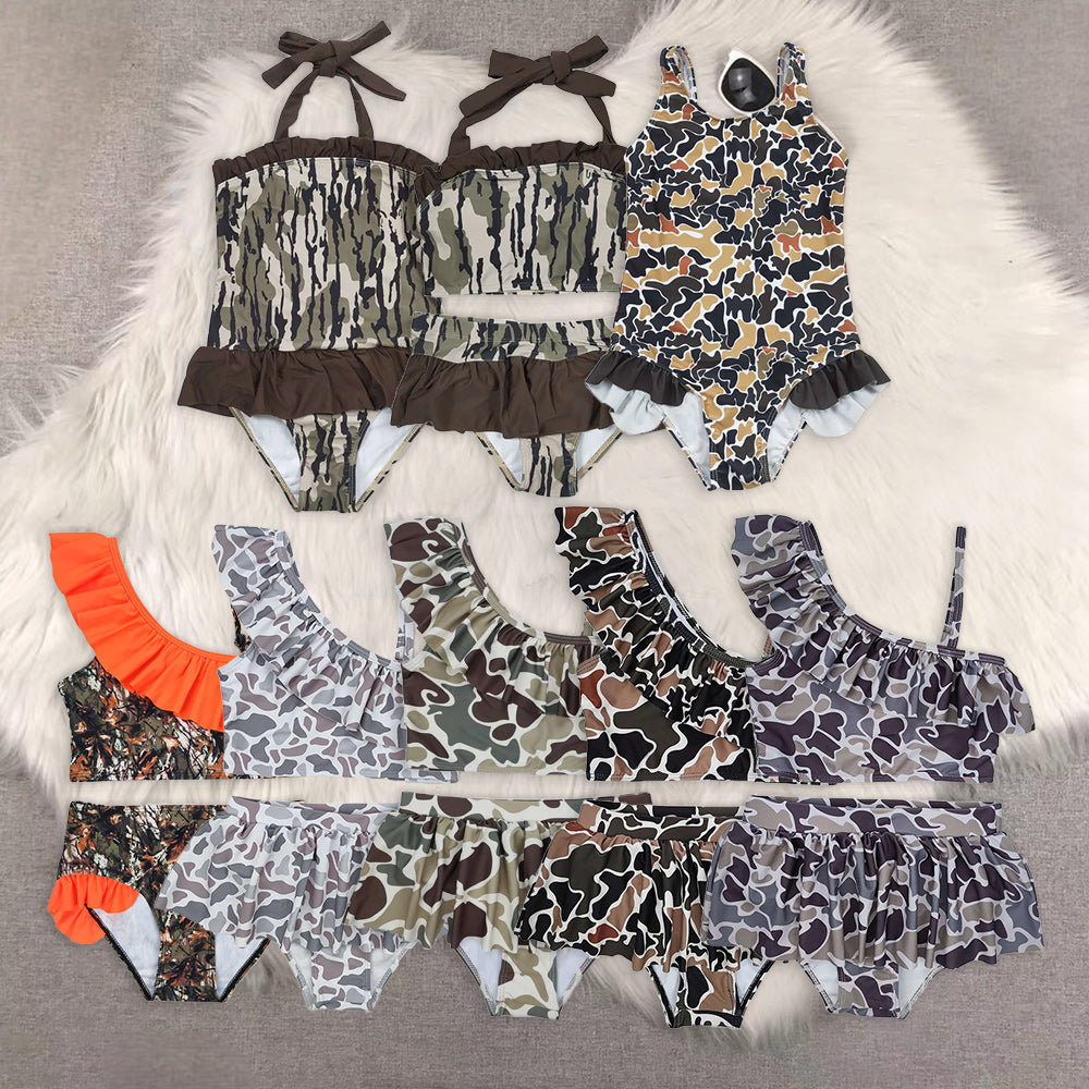 Sibling Baby Girls Strap Western Camo Print Ruffle Swimsuits