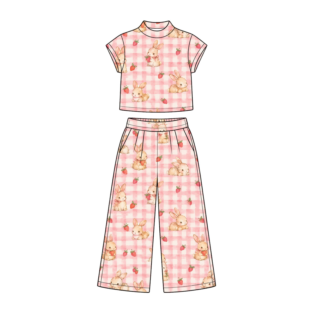 Preorder (moq 5) Baby Girl Clothes Strawberry Bunny Gingham Print Short Sleeve Wide Leg Pant Set