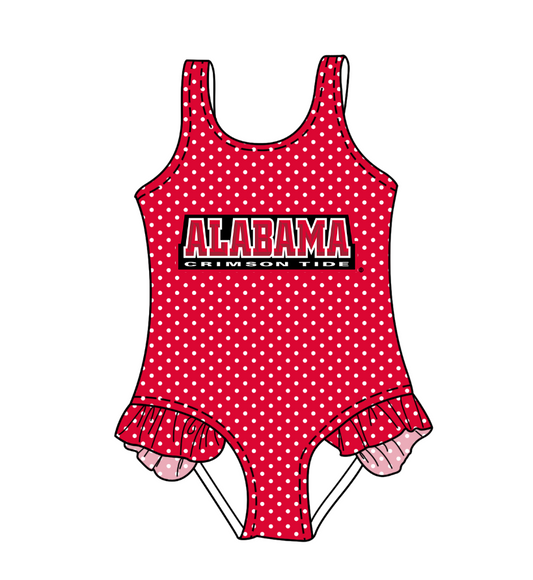 Preorder moq 5 Baby Girls Sleeveless Red Polka Dots Alabama Team Swimsuits