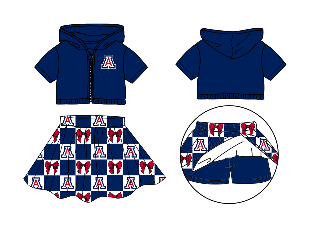 Preorder (moq 5)Baby Girls Red A Bows Zip Hoodie Jackets Skirt Short Team Clothes Sets