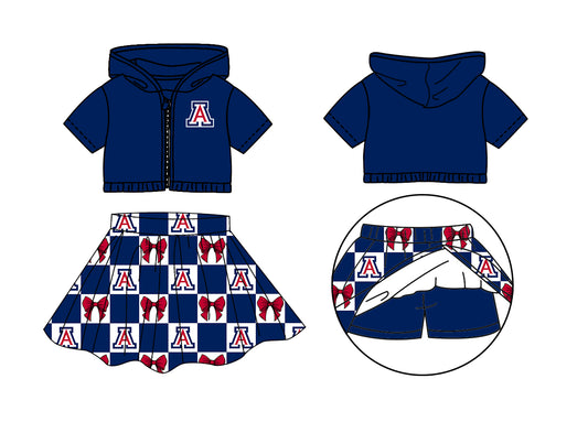 Preorder (moq 5)Baby Girls Red A Bows Zip Hoodie Jackets Skirt Short Team Clothes Sets
