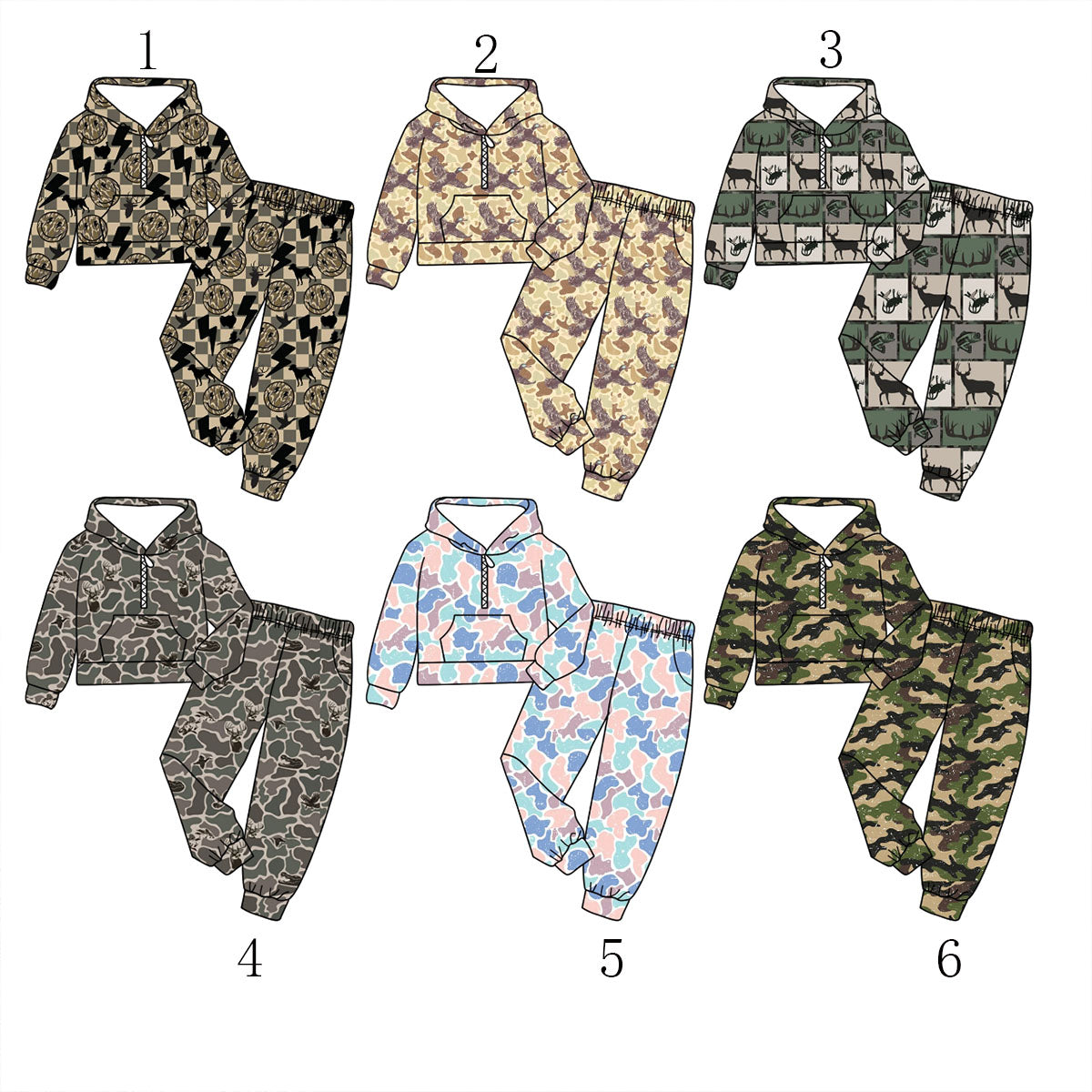 Preorder (moq 5)Baby Boys Western Camo Hunting Zipper Hoodie Pockets Jogger Clothes Sets