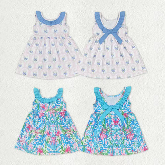 Sibling Baby Girls Sleeveless Flowers Back Bows Ruffle Collar Knee Length Dresses
