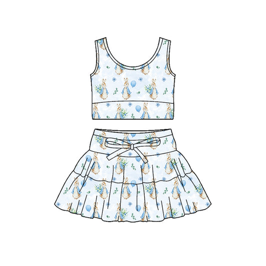 Preorder (moq 5)Baby Girls Sleeveless Blue Rabbits Flowers Vest Skirt Shorts Easter Clothes Set