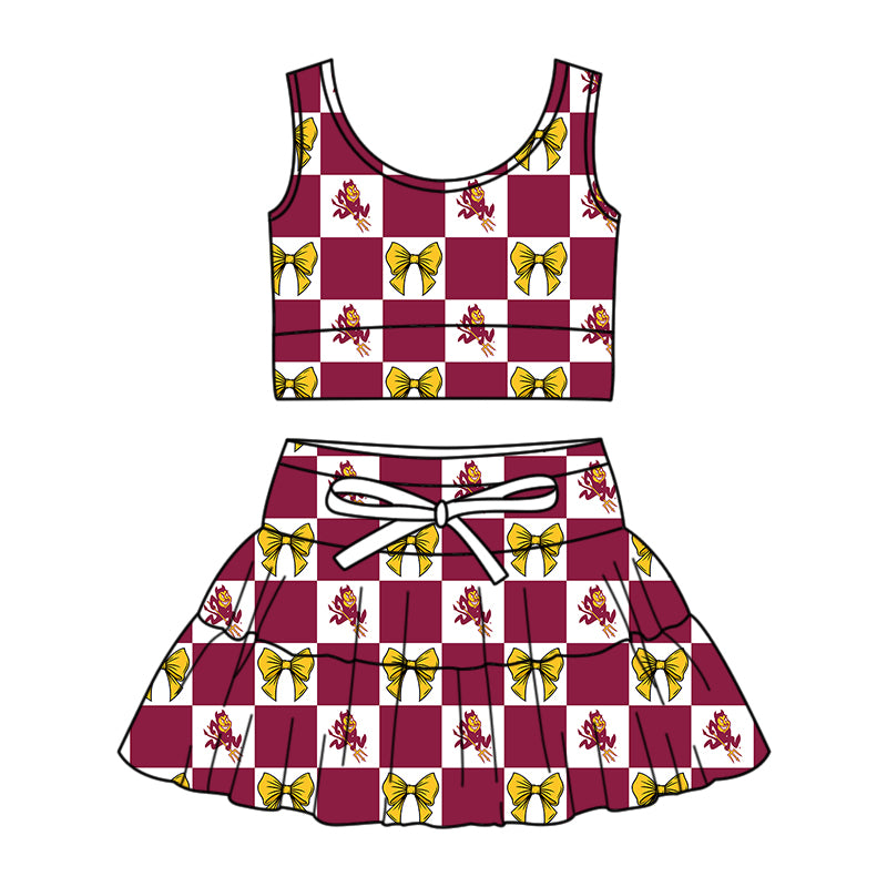 Preorder (moq 5)Baby Girls Arizona State Bows Checked Vest Top Skirt Short Team Clothes Sets
