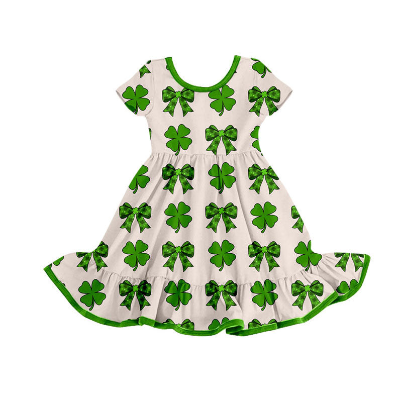 Preorder(moq 8)Baby Girls Short Sleeve Green Bows Clovers St Patrick Ruffle Knee Length Dress