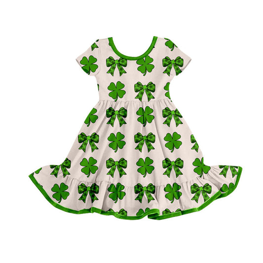 Preorder(moq 8)Baby Girls Short Sleeve Green Bows Clovers St Patrick Ruffle Knee Length Dress