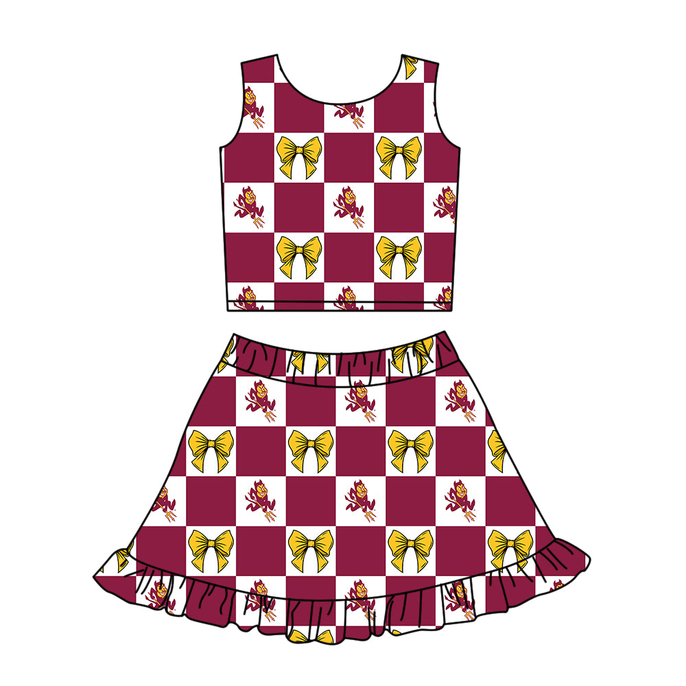 Preorder (moq 5)Baby Girls Arizona State Bows Checked Vest Ruffle Skirt Short Team Clothes Sets