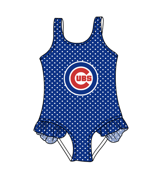 Preorder moq 5 Baby Girls Sleeveless Blue Polka Dots Cubs Team Swimsuits