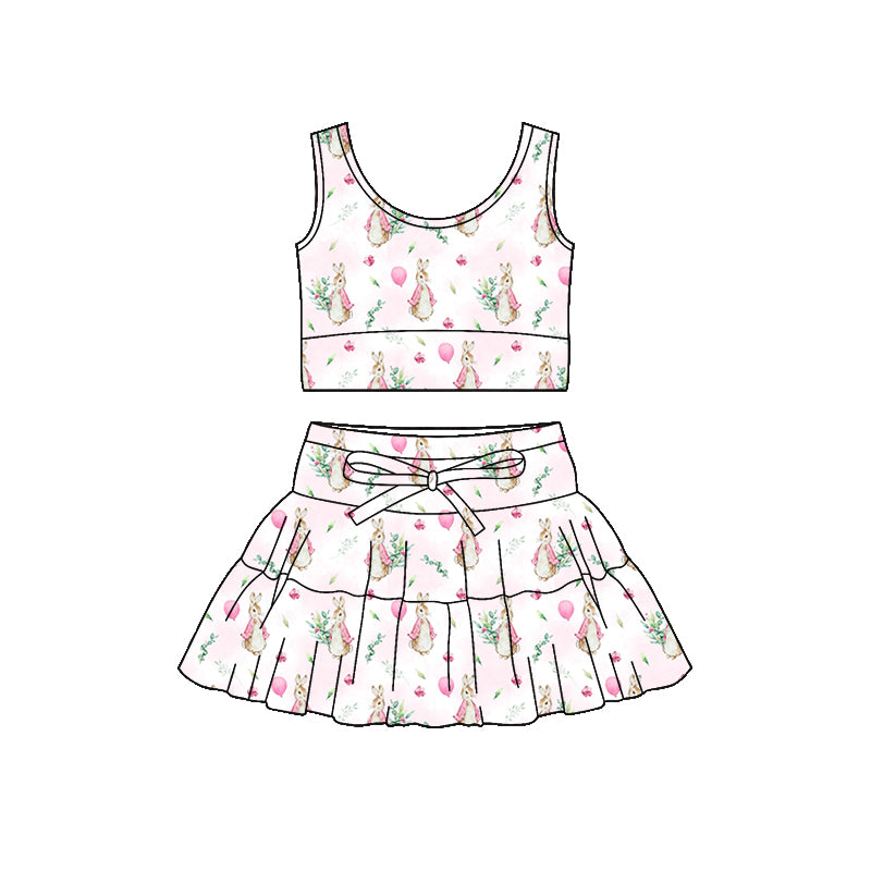 Preorder (moq 5)Baby Girls Sleeveless Pink Rabbits Flowers Vest Skirt Shorts Easter Clothes Set