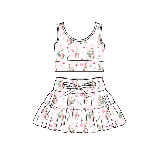 Preorder (moq 5)Baby Girls Sleeveless Pink Rabbits Flowers Vest Skirt Shorts Easter Clothes Set