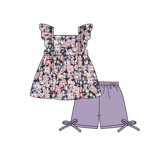 Preorder (moq 5)Baby Girls Flutter Sleeve Pink Purple Flowers Tunic Short Clothes Sets