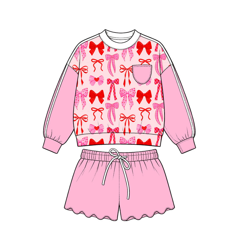 Preorder (moq 5) Girls’ All-Over Bow Print Cropped Sweatshirt & Wavy Ruffle Shorts 2-Piece Sweet Pink Set