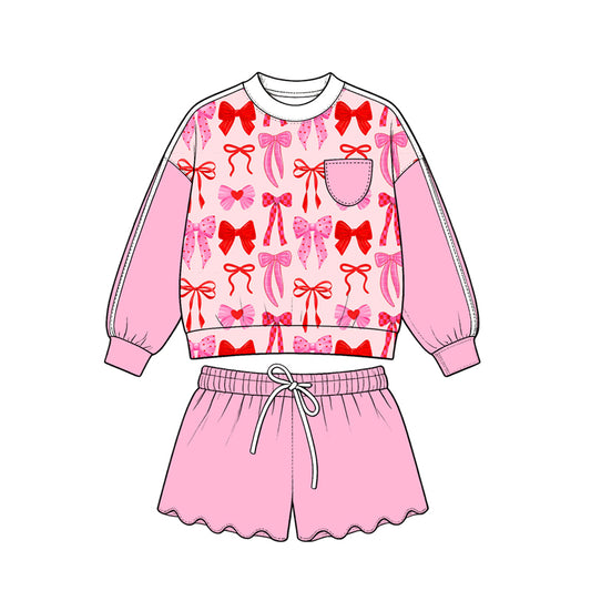 Preorder (moq 5) Girls’ All-Over Bow Print Cropped Sweatshirt & Wavy Ruffle Shorts 2-Piece Sweet Pink Set