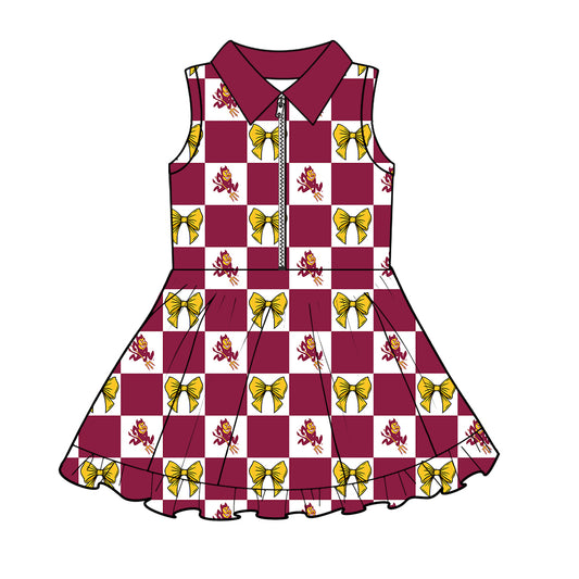 Preorder (moq 5)Baby Girls Arizona State Bows Checked Zip Short Team Knee Length Dress
