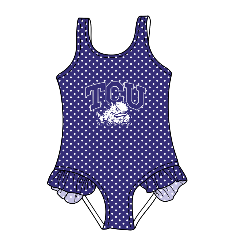 Preorder moq 5 Baby Girls Sleeveless Purple Polka Dots TCU Frogs Team Swimsuits