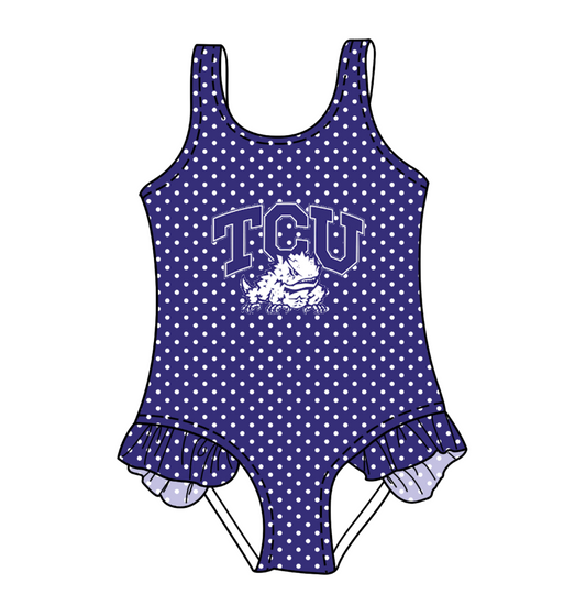 Preorder moq 5 Baby Girls Sleeveless Purple Polka Dots TCU Frogs Team Swimsuits