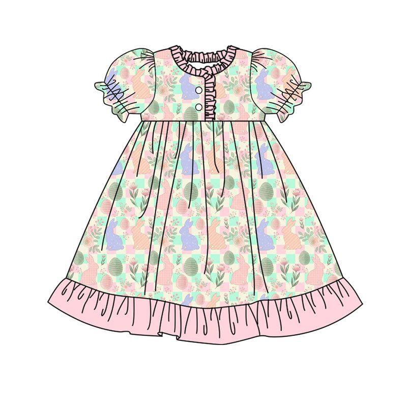 Preorder(moq 8)Baby Girls Colorful Rabbits Eggs Checked Easter Button Ruffle Knee Length Dresses