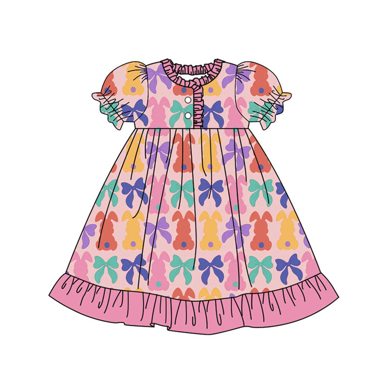 Preorder (moq 5)Baby Girls Colorful Bows Rabbits Easter Button Ruffle Knee Length Dresses