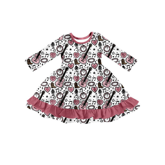 Preorder(moq 5) Baby Girls Boots Guitars Hearts Western Ruffle Knee Length Dresses