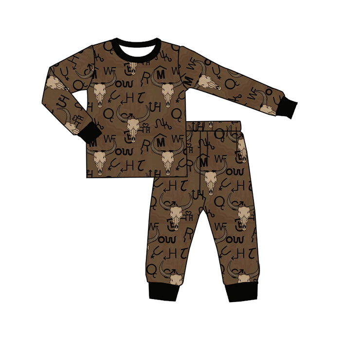 Preorder (moq 20)Baby Boys Bamboo Bull Skulls Letters Western Pants Pajamas Sets