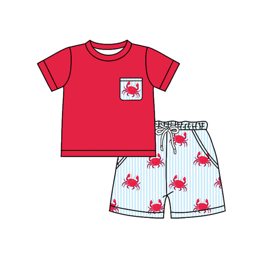 Preorder (moq 5)Baby Boys Red Shirt Crabs Stripe Pockets Shorts Clothes Set