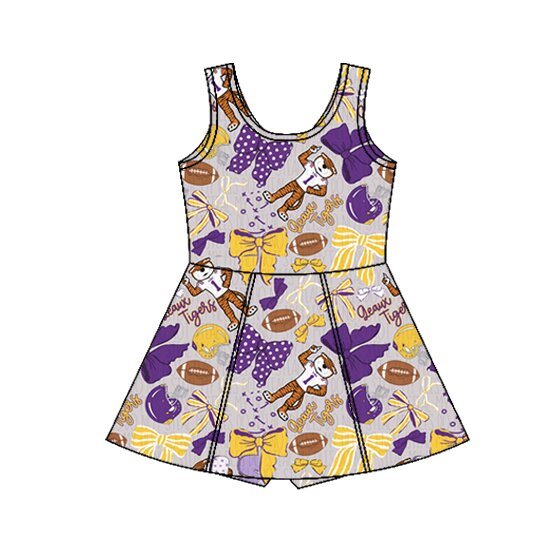 Preorder (moq 5)Baby Girls Bows Footballs Tigers Team Shorts Knee Length Dresses