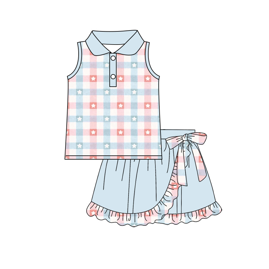 Preorder (moq 5)Baby Girls Stars Checked Button Top Ruffle Skirt Shorts 4th of July Clothes Set