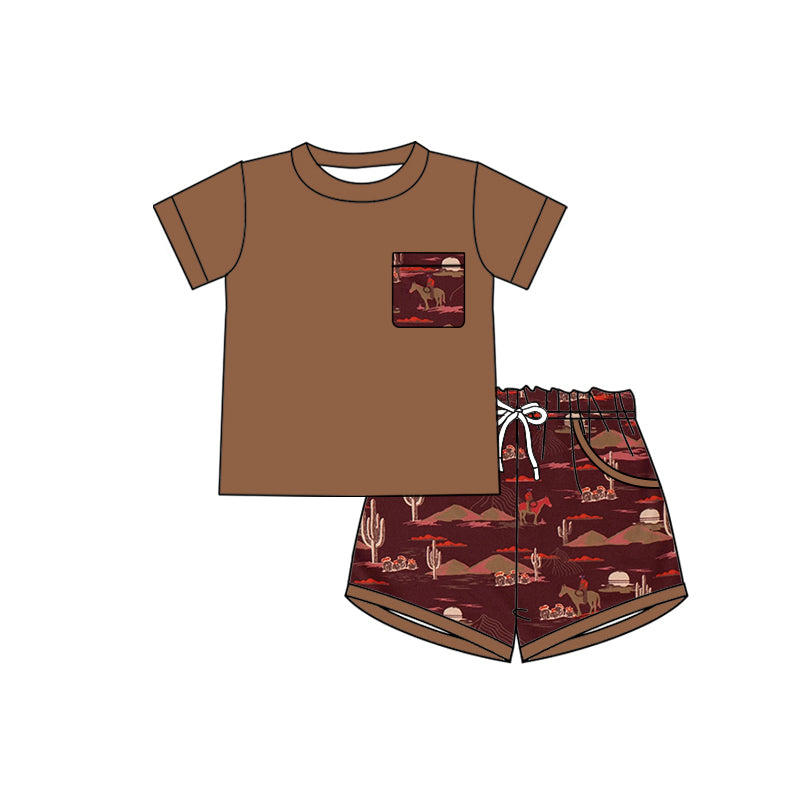 Preorder (moq 5)Baby Boys Shirts Top Horse Rodeos Pockets Shorts Western Clothes Set