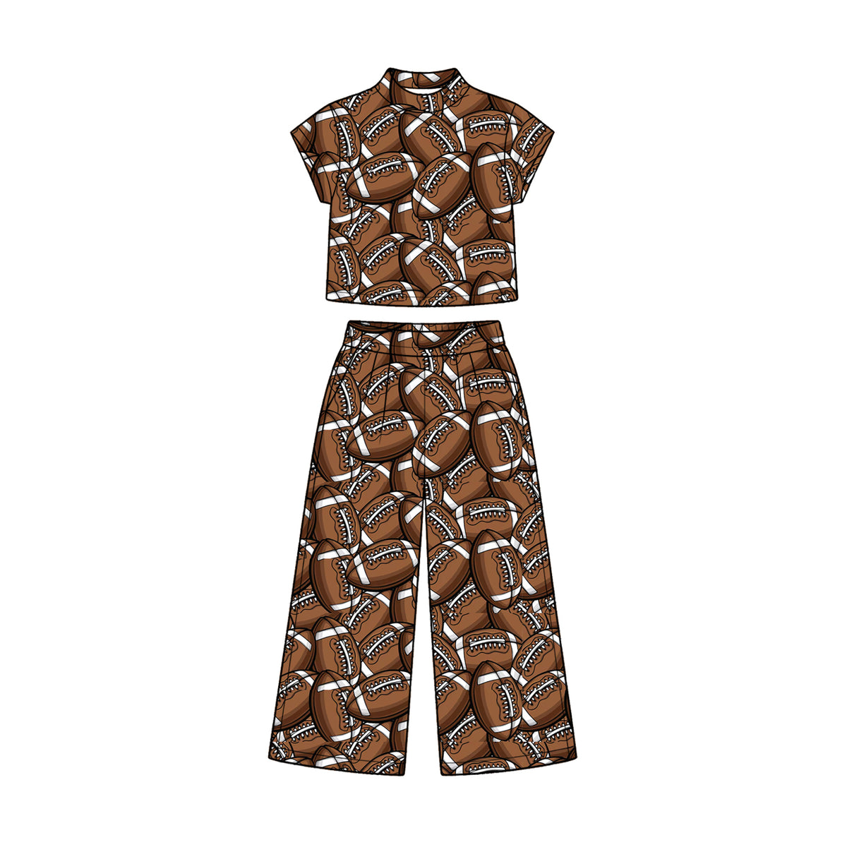 Preorder (moq 5) Baby Girl Clothes Football Full Print Short Sleeve Crop Top Wide Leg Pant Set
