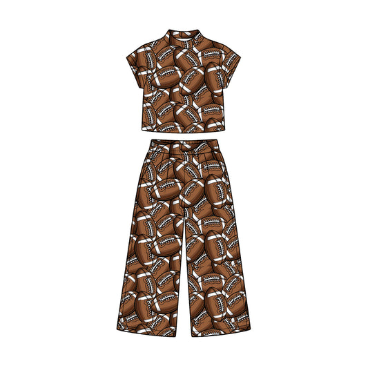 Preorder (moq 5) Baby Girl Clothes Football Full Print Short Sleeve Crop Top Wide Leg Pant Set