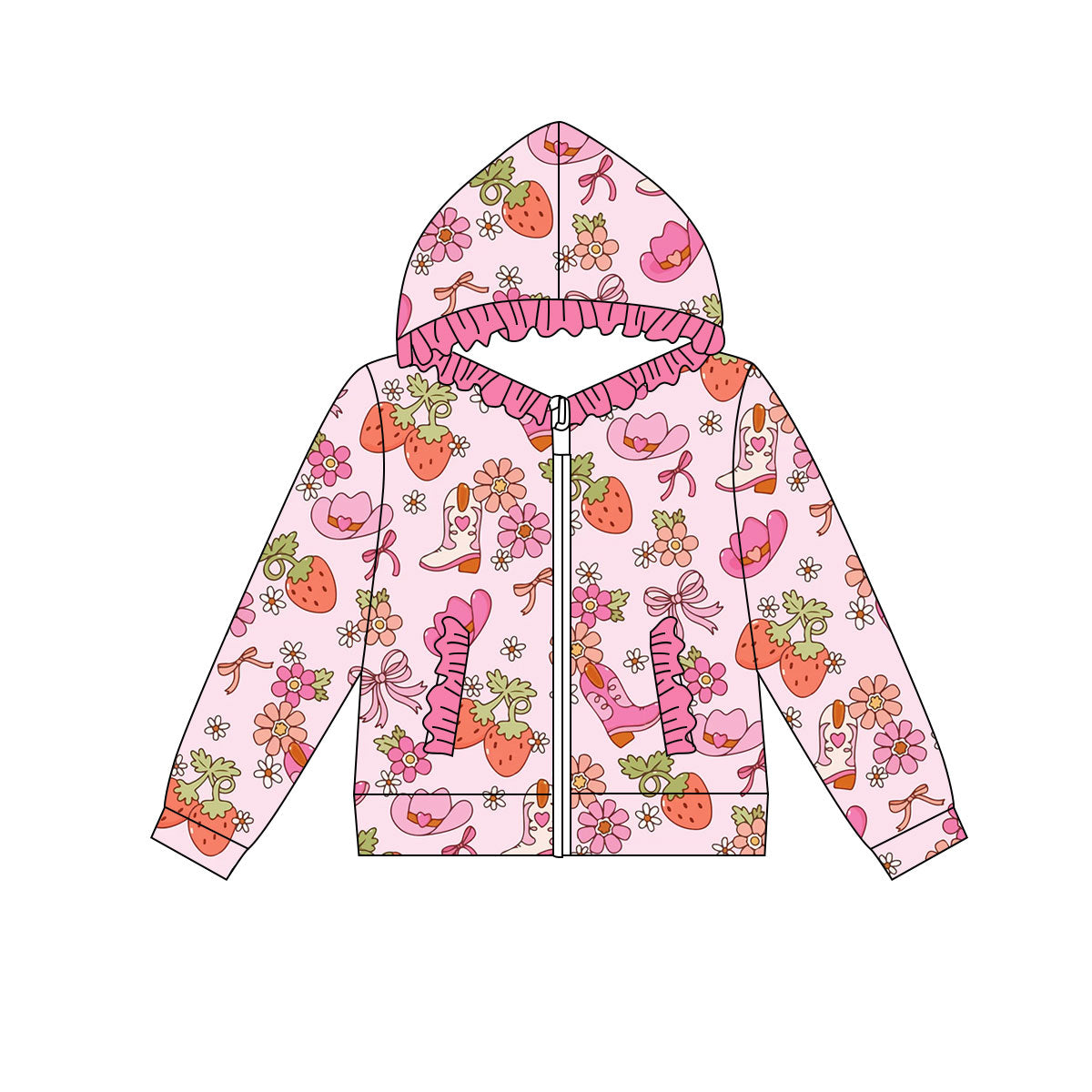 Preorder(moq 8)Baby Girls Flowers Strawberry Boots Pocket Zipper Ruffle Hoodie Jackets