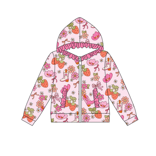 Preorder(moq 8)Baby Girls Flowers Strawberry Boots Pocket Zipper Ruffle Hoodie Jackets